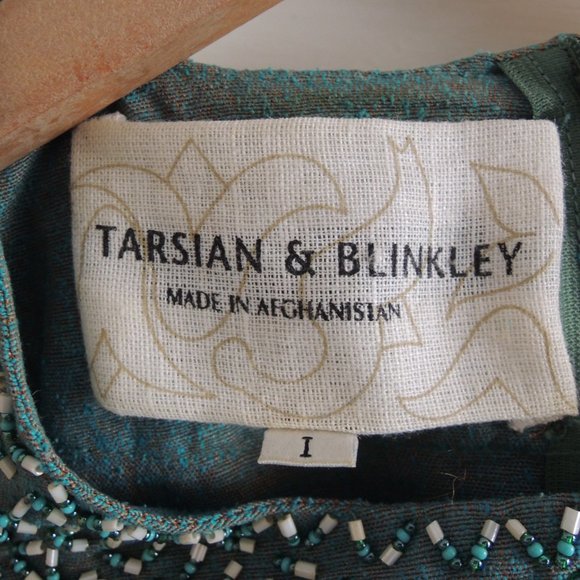 Tarsian & Blinkley Green 100% Raw Silk Beaded Afghan Top S - Picture 10 of 11